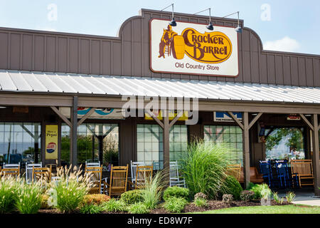 Illinois Troy,Cracker Barrel Restaurant & Old Country Store,American chain,exterior,entrance,company logo,branding,porch,rocking chair,IL140910005 Stock Photo