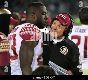 Pasadena, CA. 1st Jan, 2015. Pasadena, CA. 01st Jan, 2015. Florida State head coach Jimbo Fisher talks to Freddie Stevenson #23 during the 101st Rose Bowl College football game between the Florida State Seminols and the Oregon Ducks at the Rose Bowl Stadium in Pasadena, California John Green/CSM/Alamy Live News Stock Photo