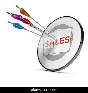 Five arrows hitting the center of a sheet of paper with the word sales fixed on a modern target. Concept to illustrate successfu Stock Photo