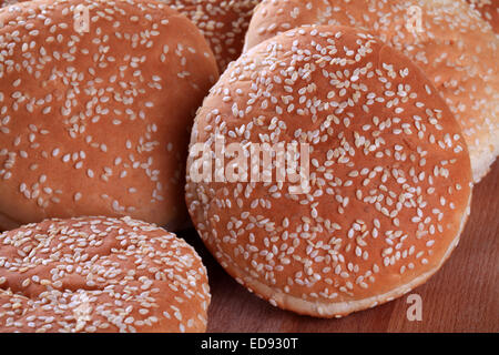 Hamburger buns with sesame seeds on top Stock Photo