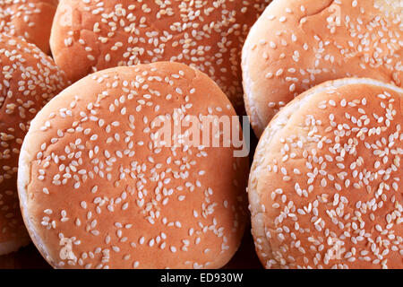 Hamburger buns with sesame seeds on top Stock Photo