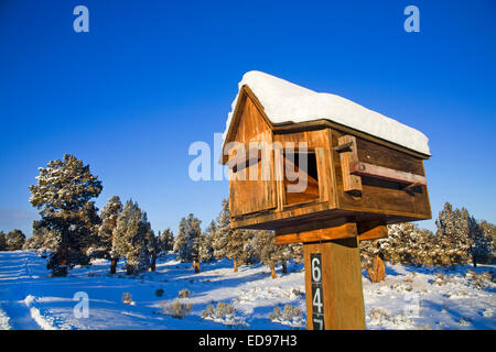 A rural wooden mail box and newspaper box along a country road in central Oregon
