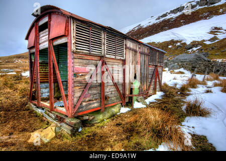 An old railway carriage as seen in Upper Swaledale in the Yorkshire Dales National Park, North Yorkshire Stock Photo