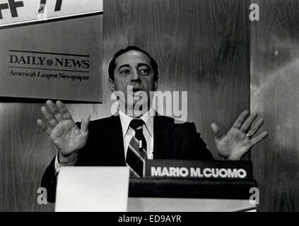 File. 1st Jan, 2015. Former New York Gov. MARIO CUOMO (June 15, 1932 - January 1, 2015) died today at 82. Mario Cuomo had been hospitalized recently to treat a heart condition. He passed away at home, shortly before 5 p.m. ET. The Democrat was governor for three terms, from 1983 to 1995. He was married to his wife, Matilda, for more than six decades. They had five children, including current New York Gov. Andrew Cuomo, who was sworn in for his second term today. Pictured - Sep. 18, 1977 - Mario M. Cuomo lost the Democratic Party nomination for Mayor for New York at the Mayoral Runoff' 77 b Stock Photo