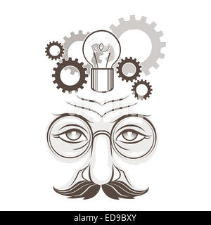 Illustration of human head, gears and lamp as thinking process drawn in engraving retro style isolated on white Stock Photo