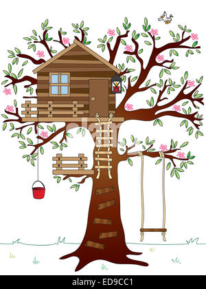 Card With The Tree House Background With Cute Birds Flowers Stock  Illustration - Download Image Now - iStock