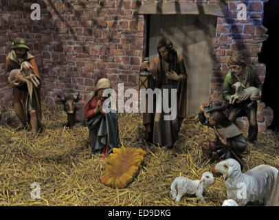 Manger and Christmas nativity scene, at Lichfield cathedral, 19A The Close, Lichfield, Staffordshire, England UK, WS13 7LD Stock Photo