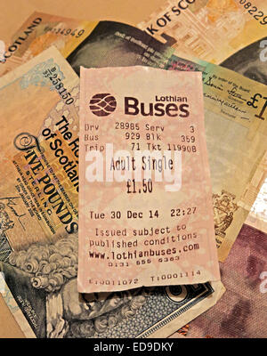 Lothian Buses bus Ticket and Scots banknotes from Edinburgh, Scotland, UK portrait format