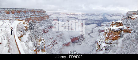 Panoramic view of snow coating the South Rim of Grand Canyon from Yavapai Point January 2, 2015 Grand Canyon Village, AZ. Stock Photo