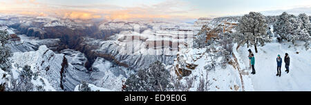 Panoramic view of snow coating the South Rim of Grand Canyon at sunset from Yavapai Point January 2, 2015 Grand Canyon Village, AZ. Stock Photo