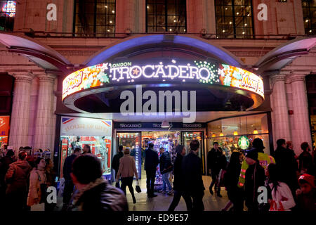 LONDON, UK - JANUARY 02: Busy street in front of entrance to London Trocadero shopping centre. January 02, 2015 in London. Stock Photo