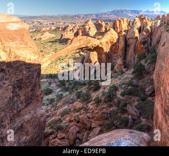 An unusual panoramic rear view of iconic Landscape Arch in the Devil's Garden section of rock fins in Arches National Park in Mo Stock Photo