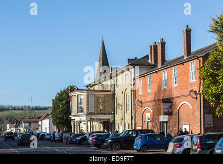 View of the main High Street including the listed building the Grosvenor Hotel, Stockbridge, west Hampshire, UK Stock Photo