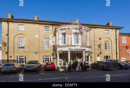 The listed building the Grosvenor Hotel roadside on the main High Street in the traditional Test Valley village of Stockbridge, west Hampshire, UK Stock Photo