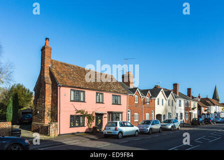 View of rural properties: Pretty cottages including a pink cottage, High Street in Stockbridge a small town in the Test Valley area of west Hampshire Stock Photo