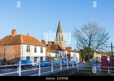High Street in the town of Stockbridge in west Hampshire with the Old Church of St Peter (St Peter's) Stock Photo