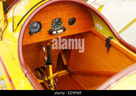 Cockpit and instrumentation in a Pietenpol Air Camper. Yellow Airplane. Possibly custom built experimental or a replica of an ea Stock Photo