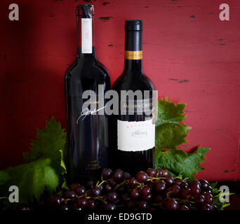 Australian premium export quality wine with bottles of Jacobs Creek Shiraz and Shiraz Cabernet. Stock Photo
