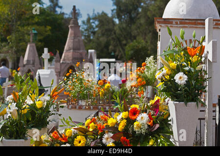 GRAVES are covered with FRESH FLOWERS to welcome loved ones back to earth during DAY OF THE DEAD -  SAN MIGUEL DE ALLENDE, MEXIC Stock Photo