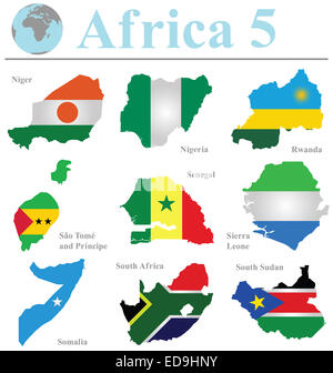 Flags of Africa collection 5 overlaid on outline map isolated on white background Stock Photo