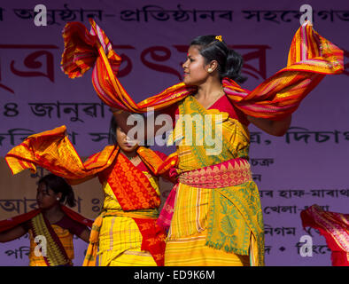 Sivasagar, Assam, India. 3rd Jan, 2015. Bodo tribal girls perform their traditional 'Bagurumba' dance during 5th Disang-Brahmaputra festival at Disangmukh in Sivasagar district of northeastern Assam state on January 3, 2015. Credit:  Luit Chaliha/ZUMA Wire/ZUMAPRESS.com/Alamy Live News Stock Photo