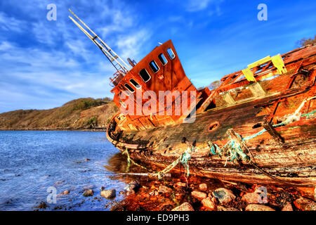 The wreck of the Dayspring fishing boat at Diabaig, Wester Ross in the Highlands, Scotland Stock Photo