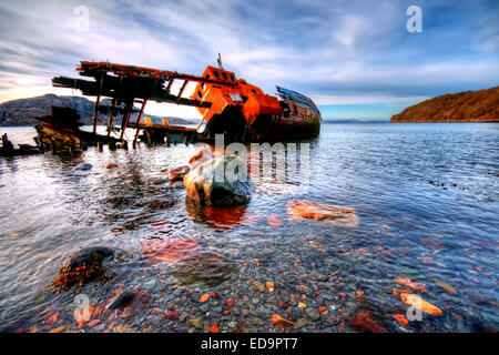 The wreck of the Dayspring fishing boat at Diabaig, Wester Ross in the Highlands, Scotland Stock Photo