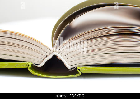 closeup of open book with green cover Stock Photo