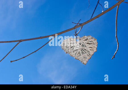 A white heart in the blue sky hanging from a tree