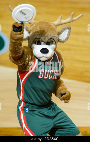 Milwaukee, WI, USA. 2nd Jan, 2015. Bango the Bucks mascot entertains the crowd during the NBA game between the Indiana Pacers and the Milwaukee Bucks at the BMO Harris Bradley Center in Milwaukee, WI. Pacers defeated the Bucks 94-91. John Fisher/CSM/Alamy Live News Stock Photo