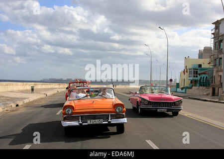 Tourists traveling in classic vintage convertible cars along Malecon in Havana, Cuba Stock Photo