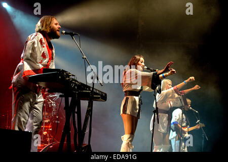 BARCELONA - JUL 24: Bjorn Again (band tribute to ABBA) performs at Golden Revival Festival on July 24, 2014 in Barcelona, Spain. Stock Photo