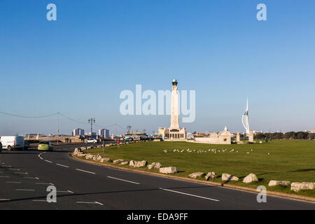 View of Southsea and Portsmouth seafront with Spinnaker Tower and Portsmouth Naval Memorial Extension commemorating those lost at sea on a sunny day Stock Photo