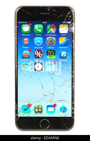 Apple iPhone 6 With A Broken Screen After Being Dropped On The Pavement Rugby Warwickshire Stock Photo