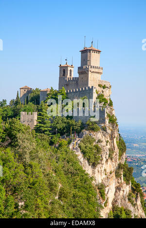 Sunrise over ancient fortifications of the San Marino Stock Photo