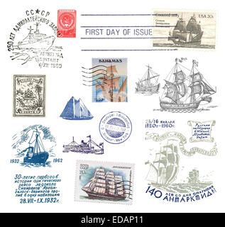 Stamps and postmarks ship post from various countries Stock Photo