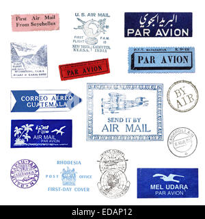 Vintage postage stamps and airmail labels from all over the world Stock Photo