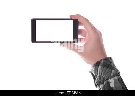 Hand holding Smartphone Device in Vertical Position with Blank White Screen as Copy Space isolated on white background Stock Photo