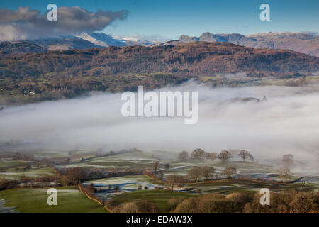 Low mist above Outgate, as seen from the summit of Latterbarrow, with the Langdale Pikes in the distance, Lake District, Cumbria