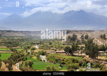 Panoramic view from Arequipa of Rio Colca in the Colca Canyon over pre Inca terraces towards snow-capped volcanoes and mountains Stock Photo