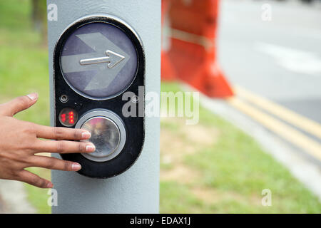 female hand pushing button for traffic light Stock Photo