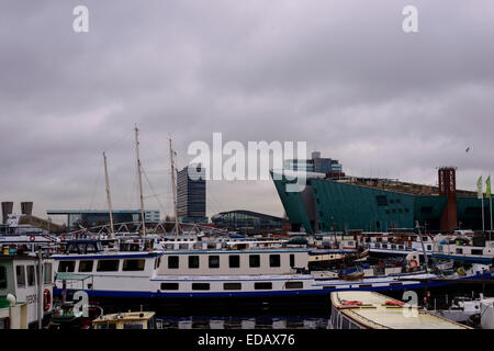 Overview of houseboats in Amsterdam Harbor Stock Photo