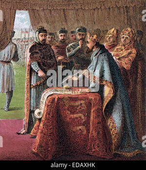 MAGNA CARTA  King John signs the charter in a 19th century illustration Stock Photo