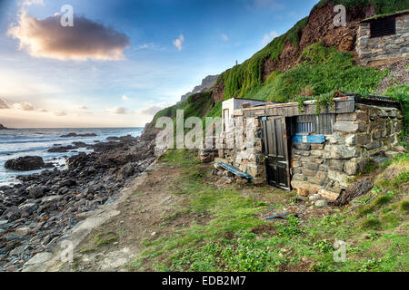Fishing huts at Priest's Cove on the rugged Cornish coastline at Cape Cornwall near St Just Stock Photo