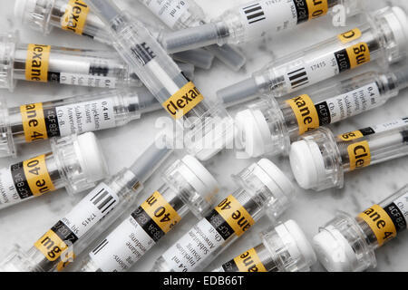 Syringes of Clexane for self injection for the prevention of deep vein thrombosis (DVT) post op Stock Photo