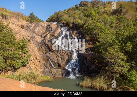 HHOHHO, SWAZILAND, AFRICA - Phophonyane Nature Reserve waterfall cascading down over rocks. Stock Photo