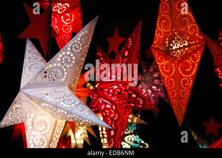 Christmas stars on Christmas market Dresden, Germany Stock Photo
