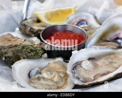 Close Up View of Oysters on a Half Shell, Baltimore, Maryland Stock Photo