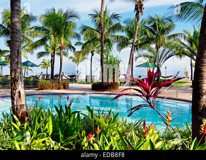 View of a Caribbean Resort with a Pool and Hammocks, Isla Verde Beach, Puerto Rico Stock Photo