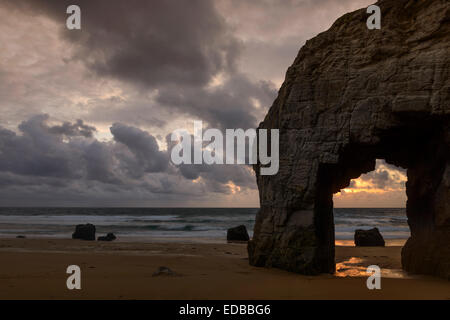 Port Blanc natural arch at sunset, Quiberon Peninsula, Wild Coast, Brittany, France Stock Photo